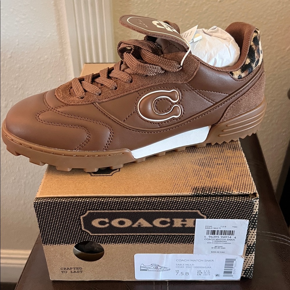 Coach Tan Leather Sneakers with Leopard Accent